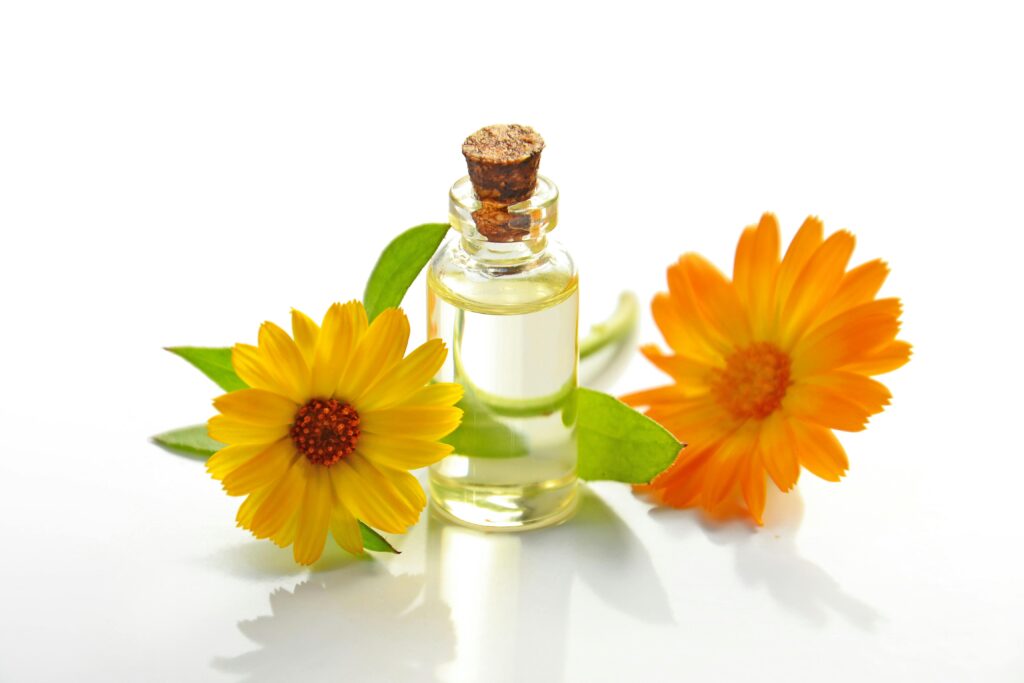 A glass bottle of aromatic oil with chamomile flowers on a white background.